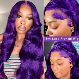 XIAPAY 34 Inch Purple Wig Human Hair 13x4 Purple Body Wave Lace Front Wigs Human Hair 200% Density HD Transparent Lace Front Colored Wigs Human Hair Pre Plucked