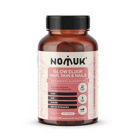 NOMUK Glow Elixir Suplementos Alimenticios Antioxidantes Mujer para el Cuidado del Cabello Uñas Piel Adaptogenos con Mezcla de Tulsi Goji Acerola Schisandra Capsulas Veganas 100% Naturales 30 Tomas