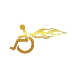 Left Facing Wheelchair with Flames Premium Sticker Decal Mirror Gold Metallic Handicap hot Rod Hotrod - Mirror Gold - 24" W x 11.8" H