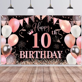 10th Birthday Backdrop Banner,BTZO Happy 10th Birthday Decorations,Rose Gold Black Fabric Photo Backdrop Background for Boys and Girls 10th Birthday Party,180×110cm