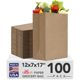 Mesha Paper Grocery Bags 12 x 7 x 17 Inches 100Pcs Bulk, Heavy Duty 60 Lbs Kraft Brown Paper Bag, Large Grocery Kraft Sacks -Takeout, Restaurant, Retail, Shopping