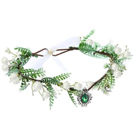 AIMALL Floral Crown Headband for Wedding, 6.3" Handmade Forest Floral Crown with Crystal Pendant, Adjustable Circumference 18.9-19.7", Vintage Elf Fairy Headdress