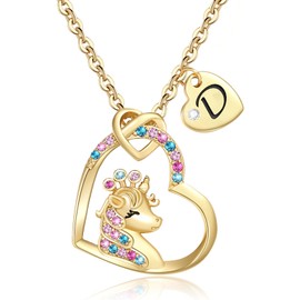 Chunyee Unicorn Gifts for Girls, 18K Gold Plated CZ Heart Unicorn Necklace Initial Necklace for Girls Aged 3 and Above