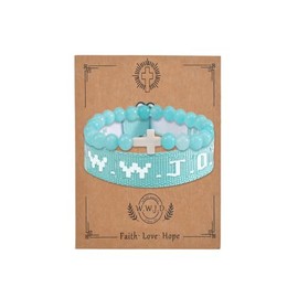 COLORFUL BLING 2Pcs Set Natural Healing Stone WWJD Cross Rope Woven Beaded Strand Adjustable Bracelet with Meaningful Card Inspirational for Women Jewelry What Would Jesus Do Woven Faith-Green