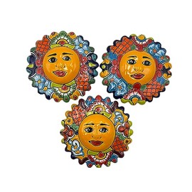 Talavera Sun Face (3) Folk Art Multicolor Mexican Pottery Home Decor Hand Painted Handmade Indoor Outdoor Diameter 9.5"