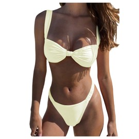 SOLY HUX Women's Swimsuits Two Piece Bikini Set Beach Vacation Outfits High Cut Bathing Suit, Plain Beige, Medium