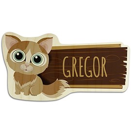 printplanet Wooden Door Sign with Name Gregor - Cat Motif - Name Plate, Wooden Plaque, Children's Room Sign