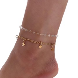 Yienate Boho Star Crystal Anklet Bracelet Gold Star Sequin Charm Ankle Chain Crystal Beads Satellite Chain Anklet Beach Foot Chain 2 Pcs Set Layered Anklet Jewelry Gift for Women Girls