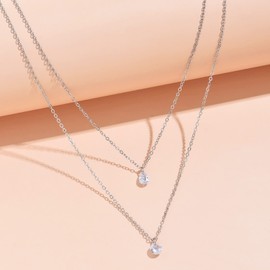 TseenYi Silver Multilayer Necklace Sparkling Cubic Zirconia Pendant Necklace Crystal Pendant Multilayer Chain Necklace Jewellery for Women and Girls Gifts