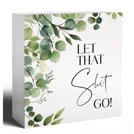 WNAGT Funny Bathroom Signs, Let That Go Humorous Wooden Box Sign, Eucalyptus Botanical Wood Signs Plaque for Bathroom Washroom Toilet Counter Shelf Table Decor, 5x5 Inch