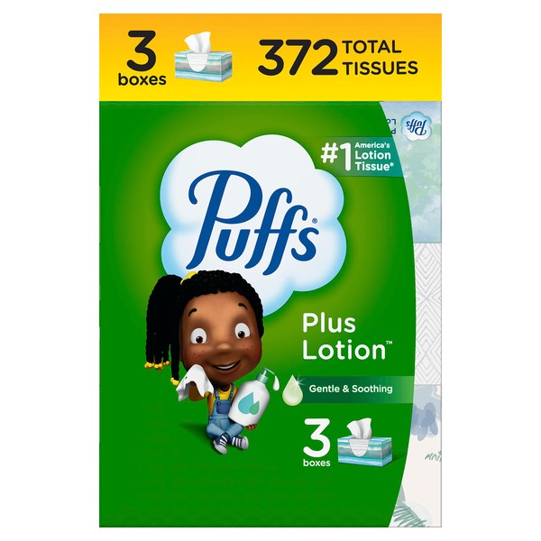 Puffs Plus Lotion Facial Tissue, 3 Family Boxes, 124 Tissues Per Box (Packaging May Vary)