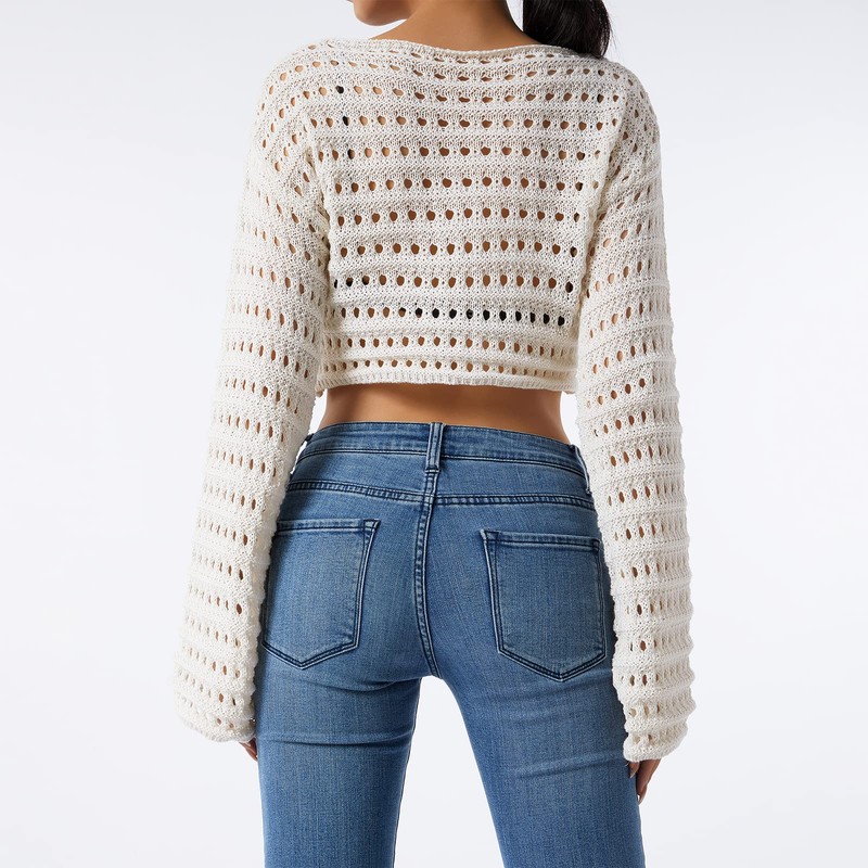 LYSINK Women Y2k Hollow Out Crochet Cover-Up Long Sleeve Solid