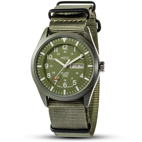Military Watches for Men Analog Wrist Watch, Tactical Waterproof Outdoor Sport Mens Quartz Wristwatch, Date Day Work Field Army Green w/Nylon Band by MDC