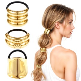PEOVLVN 3 Pcs Metal Hair Ties, Gold Hair Cuffs Metal Geometric Elastic Hair Ties Gold Hair Ties Ponytail Cuff Gold Hair Cuff Wrap Hair Ties for Women Hair Accessories Ponytail Holder