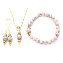 Schmuckset aus Armband, Halskette und Ohrringen im Vintage-Stil für Damen aus rosa rekonstituiertem Türkis und goldenem Metall
