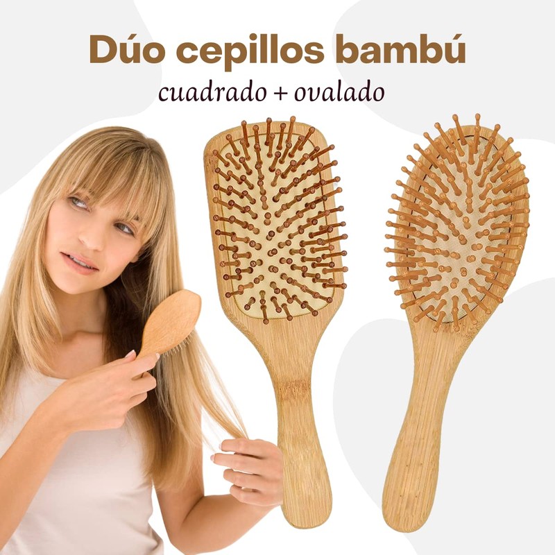Duo Cepillo Bambu Elcologico Cabello Mango Ergonomico Excelente Calidad Peine