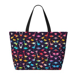 CHAOS MONKEY Women Large Beach Bag Funny Colorful Dinosaur Pattern Sandproof Waterproof Travel Weekender Tote Bag for Pool Vacation Gym