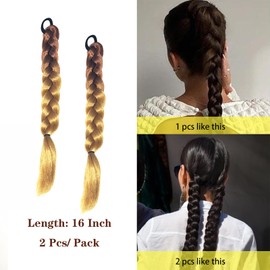 2 Packs 16 Inch Ombre Brown Long Braid Ponytail Extension for Black Women with Tie Straight Braid Extensions Can be Restyle Soft Synthetic Piece for Women