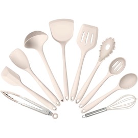 10 Pack Kitchen Utensils Set for Cooking, Leonyo Silicone Cooking Utensils Set, 446°F Heat Resistant Silicone Kitchen Tool with Turner Spatula, Serving Spoon, Whisk for Nonstick Cookware - White