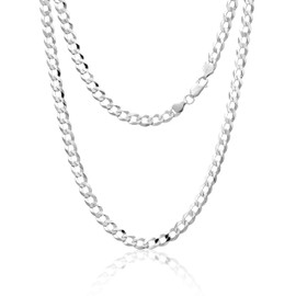 Aka Gioielli® - Flat Curb Chain 6.3 mm 925 Sterling Silver Rhodium-Plated - Silver Chain Necklace Men Women Length: 45 50 55 60 65 75 cm, Sterling Silver