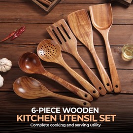 AIUHI 6-Piece Wooden Spoons for Cooking, Kitchen Wooden Utensils for Non-stick Pans, Teak Wood Cooking Utensil Set for Elaborate Cooking