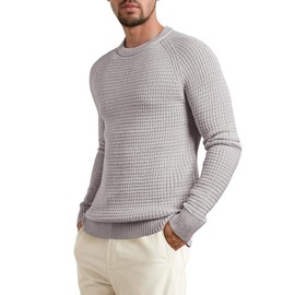 JMIERR Mens Textured Waffle Knitted Crewneck Sweater Checked Plaid Solid Pullover Soft Comfortable Casual Daily Wear Top, US 38(S), Light Grey