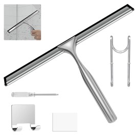 WADAYEY Escobilla de Goma para Ducha de Acero Inoxidable - Limpiador Multiusos para Puertas de Vidrio de Ducha, Ventanas de Baño, Espejos de Cocina y Cristales de Coche con Ganchos de Soporte (Plata)