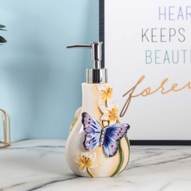 FORLONG Ceramic Soap Dispenser, 3D Hand-Painted Butterfly and Lilies Flower Lotion Dispenser, Bathroom Accessories