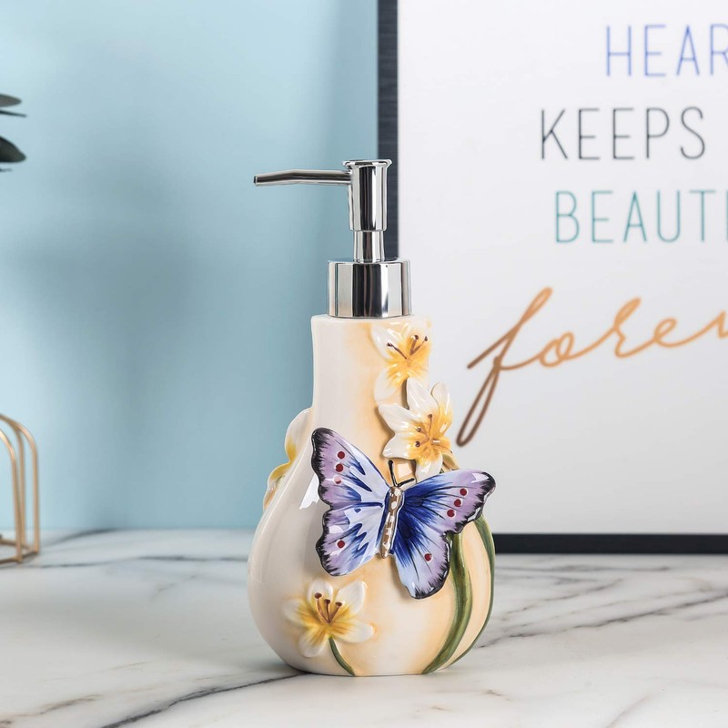 FORLONG Ceramic Soap Dispenser, 3D Hand-Painted Butterfly and Lilies Flower
