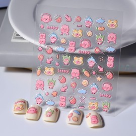 Cute Pink Pig Nail Stickers 5D Embossed Cartoon Nail Stickers Kawaii Animal Self-Adhesive Decals for Women Girls Manicure Decoration