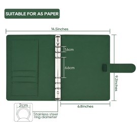 Bidponds A5 Floral Personal Organizer,PU Leather Binder Notebook,Refillable A5 Journal Folio Portfolio, 6 Ring Binder Organizer with Magnetic Buckle Closure,Dark Green
