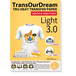 TransOurDream Iron on Heat Transfer Paper for Light T Shirts (20 Sheets A4, 3.0) Printable HTV Heat Transfer Vinyl for Inkjet & Laserjet Printer Iron On transfers for T Shirts (TRANS-L3-20)