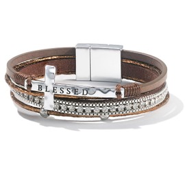 FANCY SHINY Cross Leather Wrap Bracelets Christian Jewelry Religious Baptism Gifts for Women Boho Bead Charm Bracelets with Magnetic Clasp(Brown)