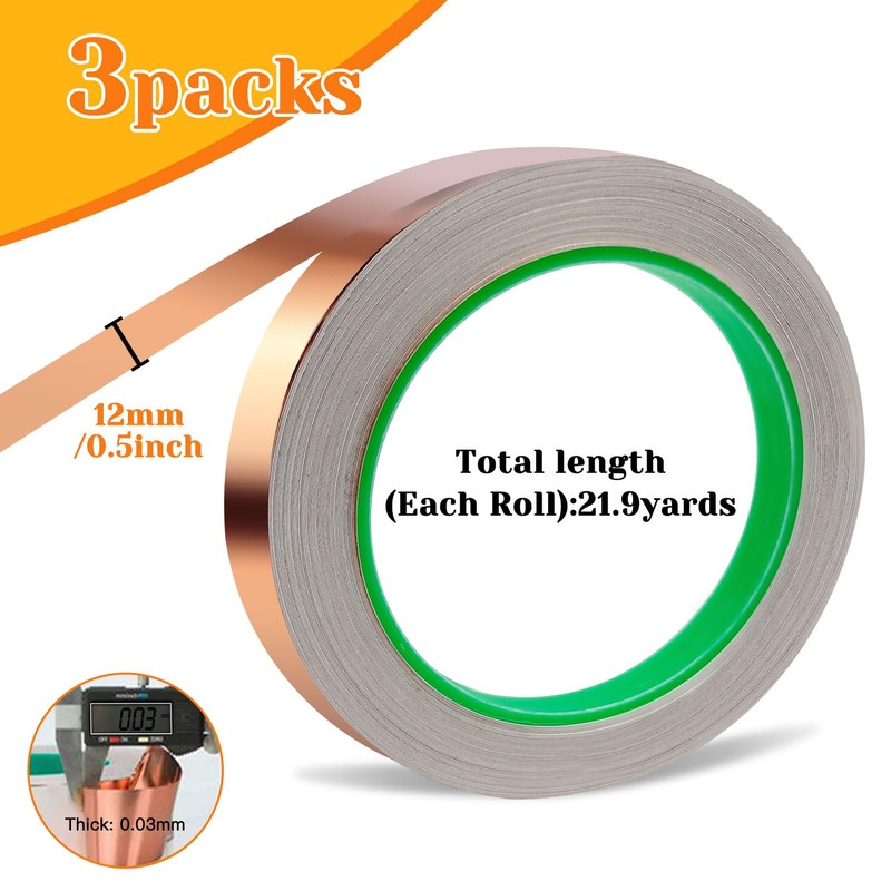 3 Pack Copper Foil Tape (1/2inch X 66 FT) Copper