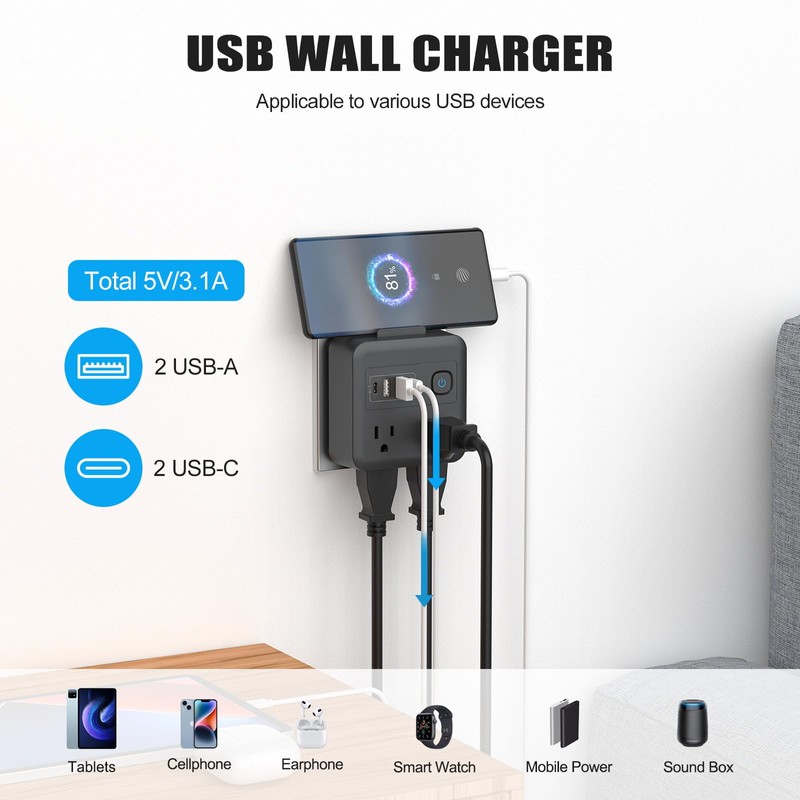 Multi Plug Outlet Extender with 2 USB-A + 2 USB-C