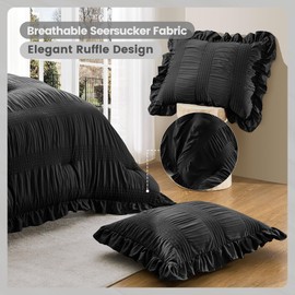 QUIETSEA Full Comforter Set Seersucker 7 Pieces Luxury Ruffle Bed in a Bag Full Size for All Season Black Bedding Set with Comforter, Pillowcases, Flat Sheet, Fitted Sheet and Pillow Shams