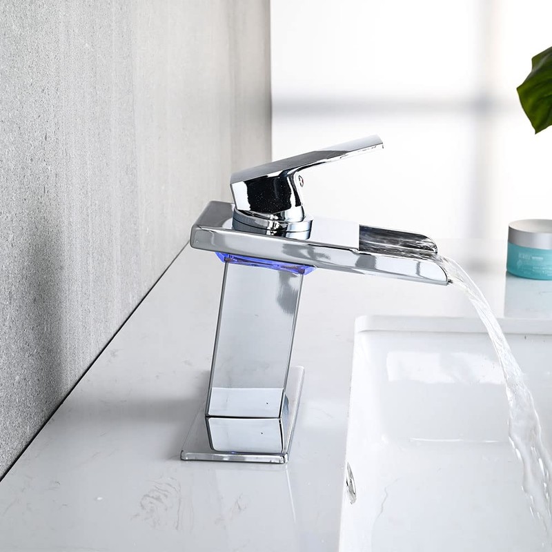 AVSIILE LED Bathroom Sink Faucet, Chrome Waterfall Single Hole Handle