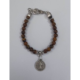 lazzaro italy Bracelet Saint Benedict of Nursia men and women. Silver Plated Medal of protection against the Evil with in natural gemstone Tiger's eye. Diameter 0,59 in