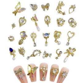 Nail Parts, Ribbon, Heart, Butterfly, Flower, 24 Piece Set, 3D 3D, Nail Parts, Stone, Glitter, Large, Swaying, Nail Art, Decorative Parts, Silver, Metal Parts, Jewelry Parts, DIY Crafts, Silver)