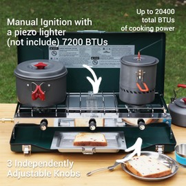 FineFlame Camping Stove 3 Burner 20400 BTU Propane Portable Stove with Regulator, Toast Tray, Windshield for Car Camping BBQ Picnics Outdoor Cooking Camping Gas Stove