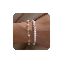 Aneneiceera Vintage Layered Pearl Bracelet Gold Pearl Chain Bracelet Strand Beads Bracelet Double Layer Pearl Bracelet Hand Chain Jewellery for Women (Gold), Zinc