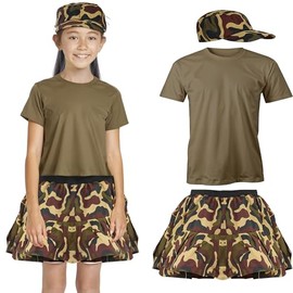 Girls Boys Soldier Costume - Children's Army Officer Dress Up Camouflage Skirt, T-Shirt, & Hats 3 Pcs Set Military Role Play Fancy Dress Outfit UK, 9-10 Years