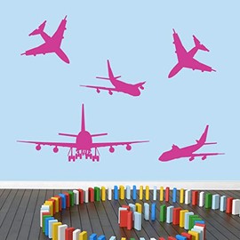 Airplanes Wall Decals, Airplane Wall Stickers Set for Nursery, Kids and Teens, Bedroom, Playroom, Classroom | Large | Hot Pink | Pick Your Color
