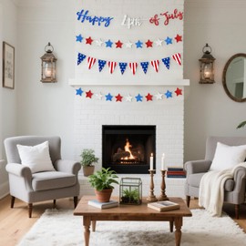 MARFOREVER Pre-Strung Happy 4th of July Banner Decorations, 4 Pack Glitter Patriotic Stars Pennant Banners Red White Blue Hanging Garland for Independence Day Patriotic Party Home Decor Supplies