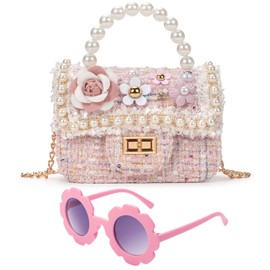 LJCTULY Little Girls Purse - Kids Crossbody Bag with Pearl - Flowers Mini Princess Handbags - Toddler Shoulder Bag for Shopping, Party, Vacation - Gift Purse for Girls (Pink)