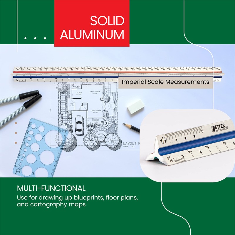 Better Office Products Triangular Ruler, 12 Inch Metal, Triple Sided