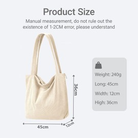 Women's Corduroy Large Tote Bag Women's Handbag Large Cord Tote Bag Shopper Shoulder Bag, White, L