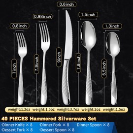 Lemeya 40-Piece Hammered Silverware Set for 8 with Serrated Forging Knives,18/10 Stainless Steel Modern Flatware Set,Unique Cutlery Set Spoons and Forks Set,Mirror Polished,Dishwasher Safe
