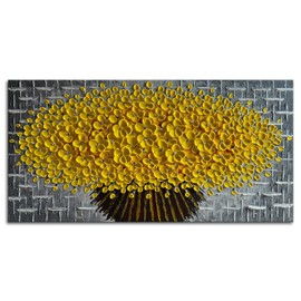 Alenoss Hand Painted Blooming Yellow Flowers Thick Acrylic Palette Knife Oil Painting Grey Textured Wall Art Living Room Decor Canvas Wall Art