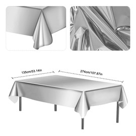 2 Pcs Foil Tablecloth, 54 x 108 Inch Shiny Table Cover, Plastic Tablecloth for Thanksgiving, Christmas, Anniversary, Party Wedding Table Decoration Supplies (Silver)
